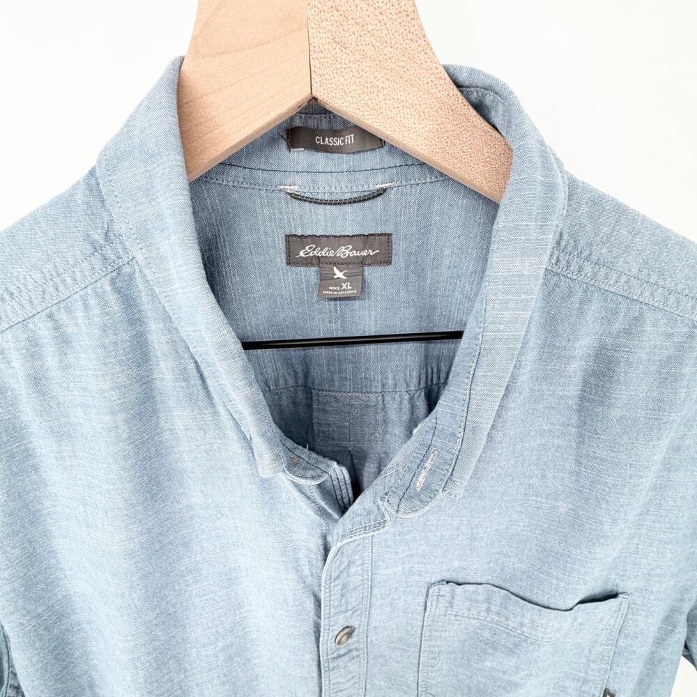 Eddie Bauer Mens XL Chambray Button Down Shirt Blue Short Sleeve 100% Cotton EUC - Picture 5 of 8